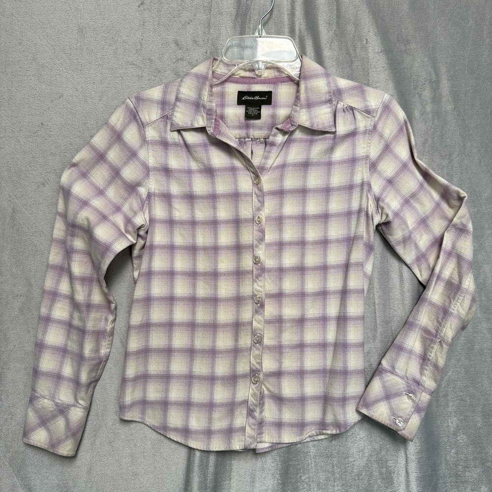 Eddie Bauer Shirt Womens Petite Small Purple White Plaid Button Down Long Sleeve